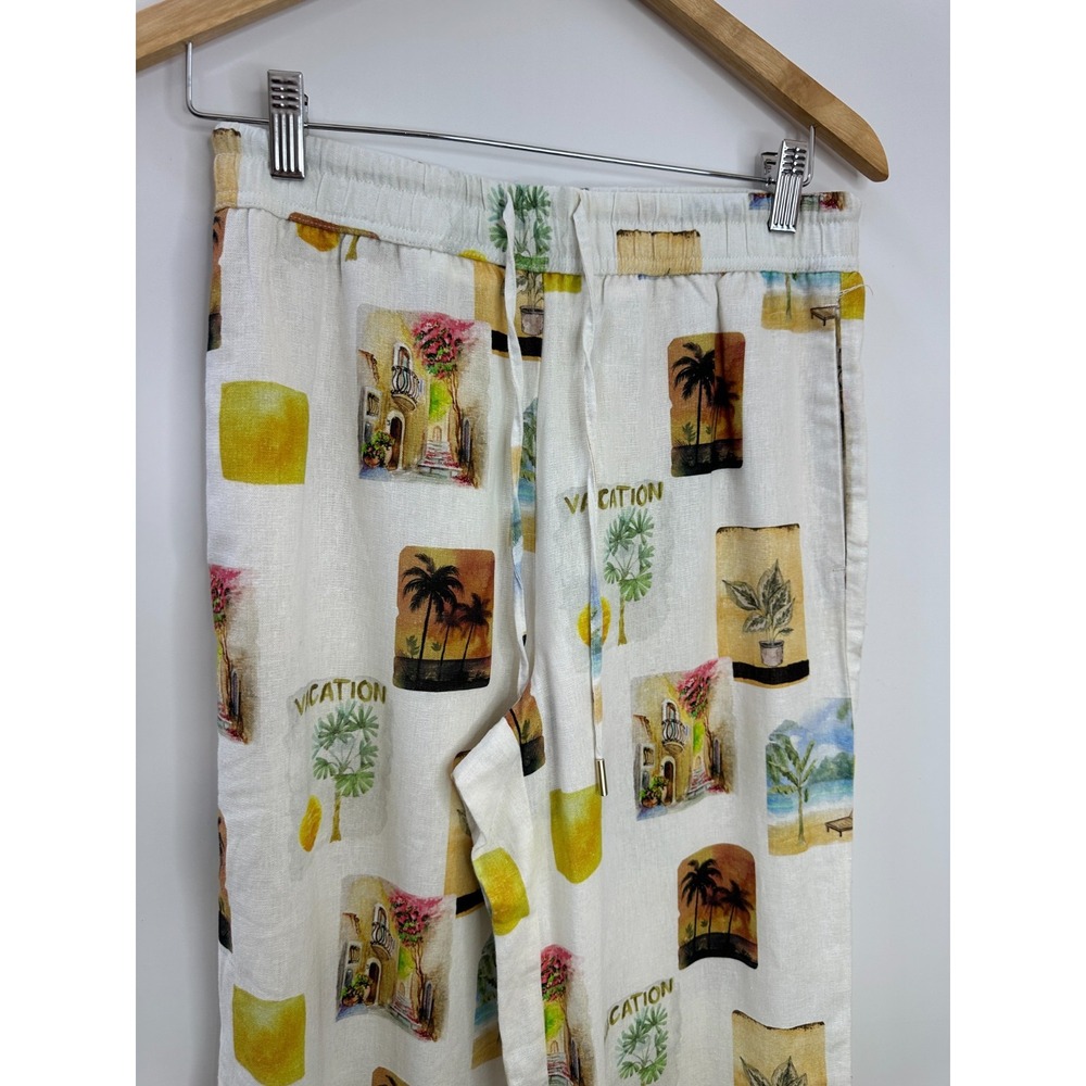 C&C California Small Linen Blend Vacation Print Wide Leg Pants Ivory Multi - Picture 3 of 13